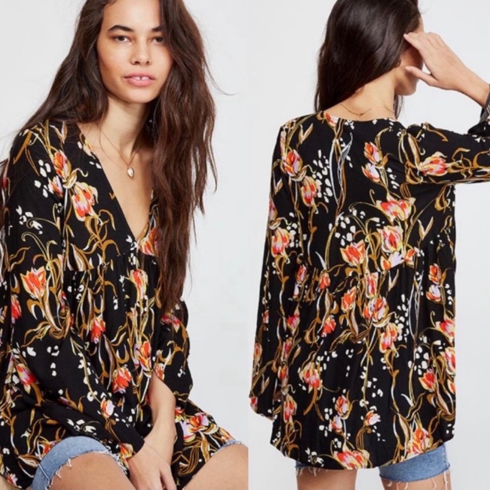 Free People Bella Floral Print Tunic Black Onyx L - Picture 1 of 10